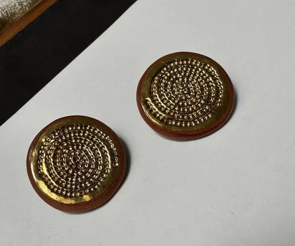 Signed Lewis Handmade Hand Crafted Round Ceramic Clip On Earrings