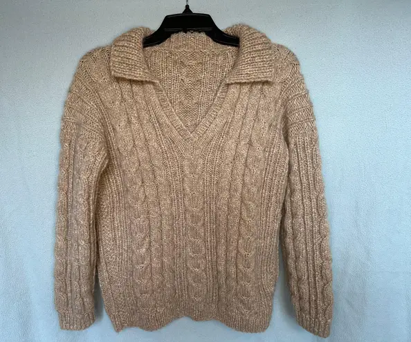Handmade Handcrafted Oversized Collared Knit Sweater - Tan/Beige - M