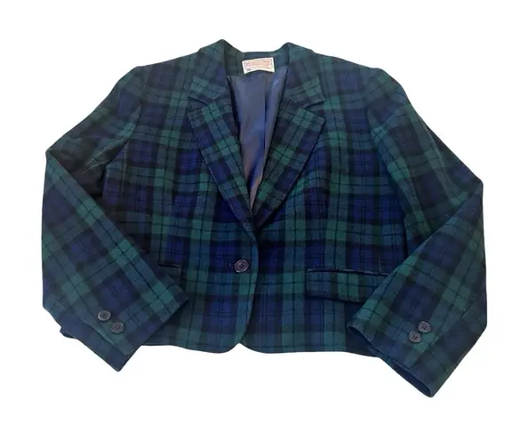Pendleton Vtg Woman's Green Tartan Plaid Petite Virgin Wool Sports Blazer Jacket