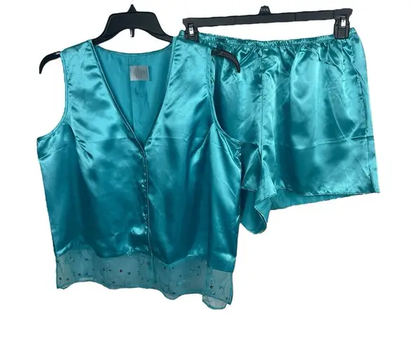 Aqua Blue Satin Feel Sleeveless Button Lace Top Shorts Pajama Set 1XLT Size 1X