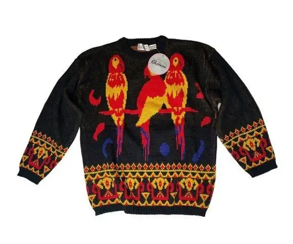 Chateau NEW Vtg  Womens Sweater 80s Black Red Yellow Parrot Bird 3/4 Sleeves Sz M