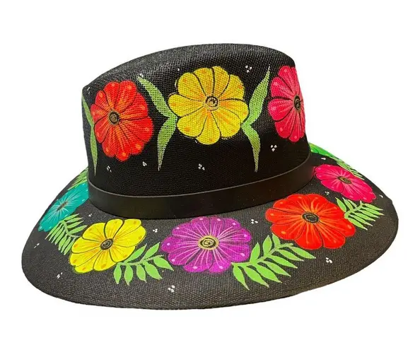HAT MEXICAN Artisanal Hand Painted Fedora Floral Sombrero Panama Bohemian Black