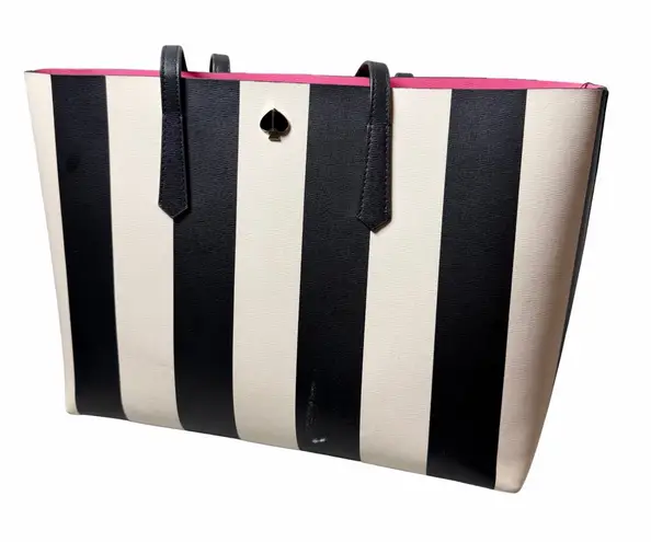 Kate Spade Molly Large Tote Bag Black White Stripes with Pink Interior