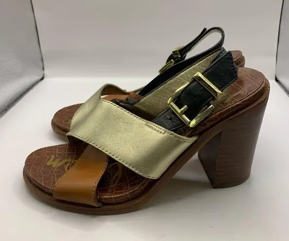 Sam Edelman  Ivy Color Block Strappy Gold Brown Chunky Heel Sandal Women’s Sz 6M