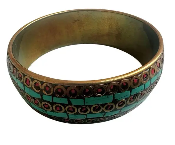 Vintage Brass Turquoise & Red Inlay Mosaic Bangle Bracelet