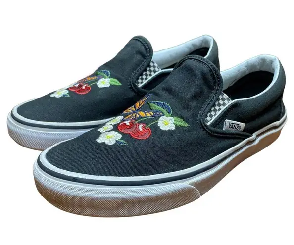 Vans Black  Slip-On Shoes with Cherry, Flower, and Monarch Butterfly Embroidery