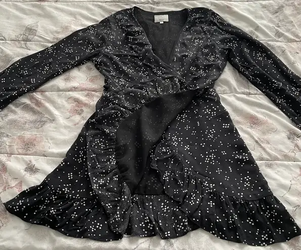 Privacy Please Revolve Wrap Black Polka Dot Ruffle Long Sleeve Mini Dress, size S