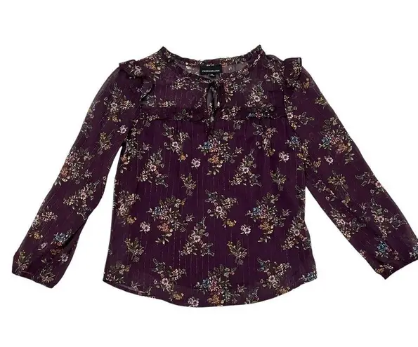 Fortune + Ivy PETITE SMALL Metallic Ruffle Tie Neck Sheer Arm Long Sleeve Blouse