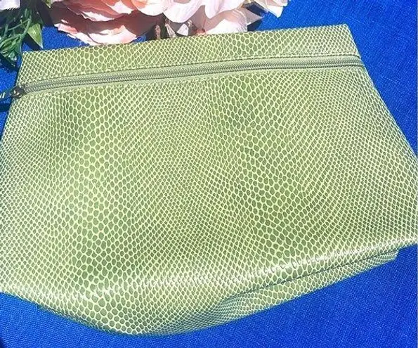 Clinique Green Faux Snake Skin Zippered Travel Cosmetics Makeup Pouch Bag Case.