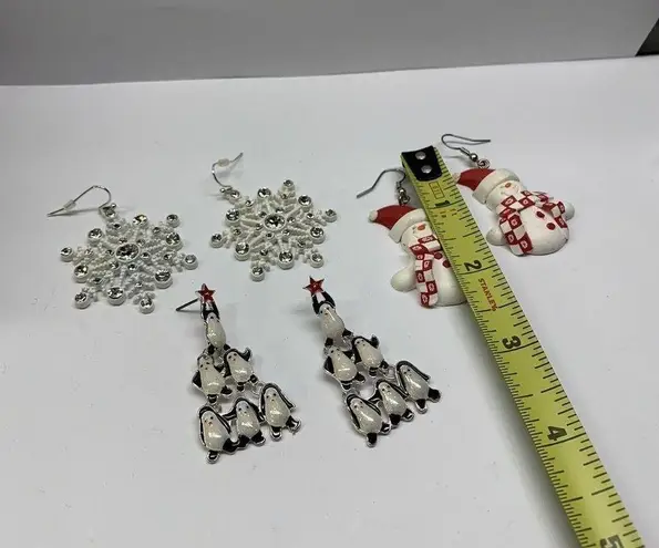 Lot Of 3 Dangle Costume Earrings Pierced Christmas Snowman Snowflake Penguin