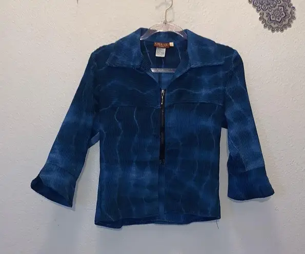 Lina Ge Fashion Vintage Blue tie-dye Corduroy Pant Suit Blazer Pants Flare