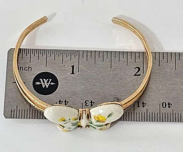 Vintage Avon 1978 Floral Ceramic Puff Butterfly Goldtone Cuff Bracelet Gold