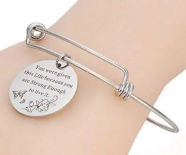 STRONG ENOUGH Bracelet Stainless Steel Silver Expanding Bangle NEW Inspirational
