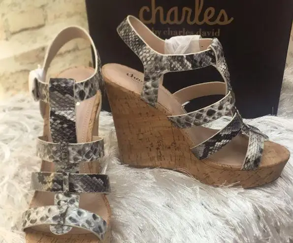 Charles David New Charles by Women’s Snake Print Embossed Cork Wedge Sandals