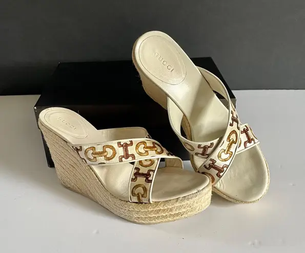 Gucci Bamboo Horsebit Leather and Satin Printed Espadrilles Wedge Sandals Sz 9+