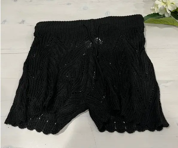Black Crochet Knit Shorts Drawstring Waist Summer Beach Cover Up Women's Black Size L