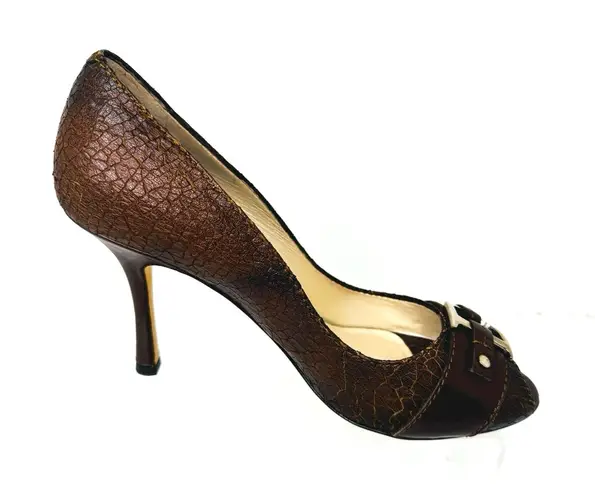 Dior Christian Gradient Brown Textured Leather Buckle Peep Toe Pumps Heels sz 39