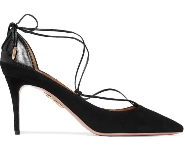 Aquazzura Fellini women’s leather-trimmed black suede pointed-toe pumps IT 37