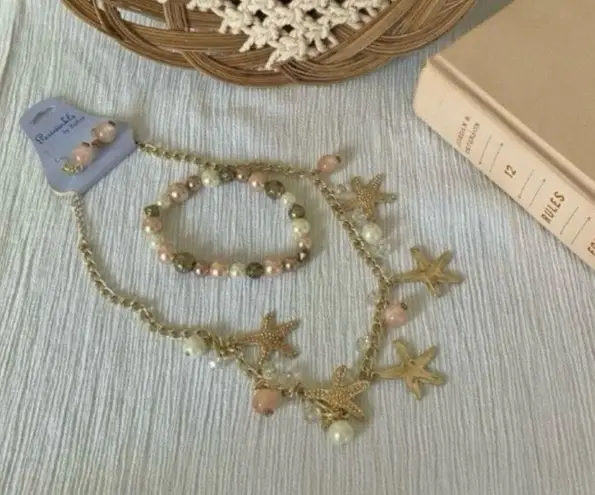 Periwinkle By Barlow Set Pearl Starfish Charm Pink Gold White Earrings Necklace Bracelet