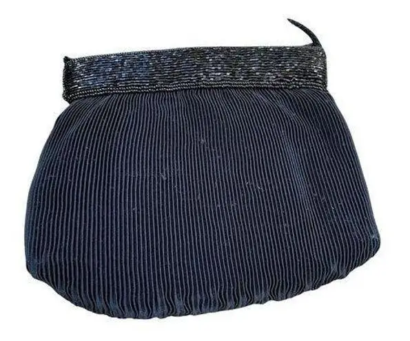 Vintage Black Fabric Hand Bag with Beaded Trim Carolyne Barton