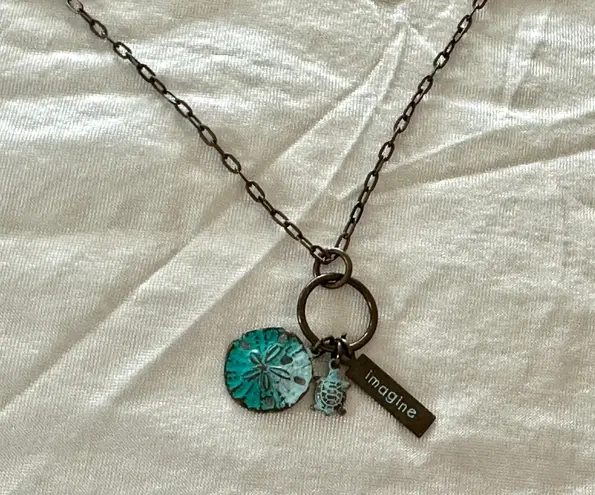 Handmade NEW! Brass Chain & Beachy Theme Charms Pendant Necklace Sand Dollar Turtle