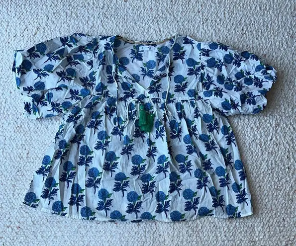 THML Floral Boho Cottage Tassel Top Floral Hydraganea Puff Sleeve Blue XL