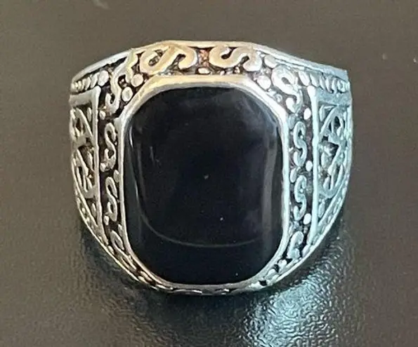 Natural black obsidian S925 silver ring size 8