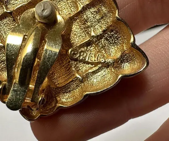 Erwin Pearl P.E.P. Black Enamel Clip On Earrings Gold Tone Square