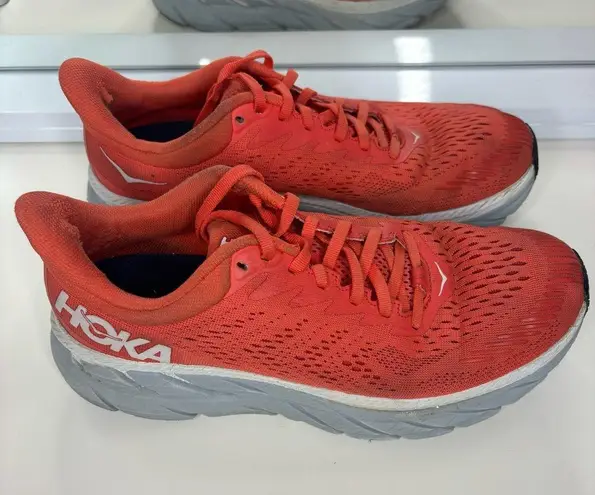 Hoka One One Womens Clifton 7 Running Shoes Orange Gray Size 8.5