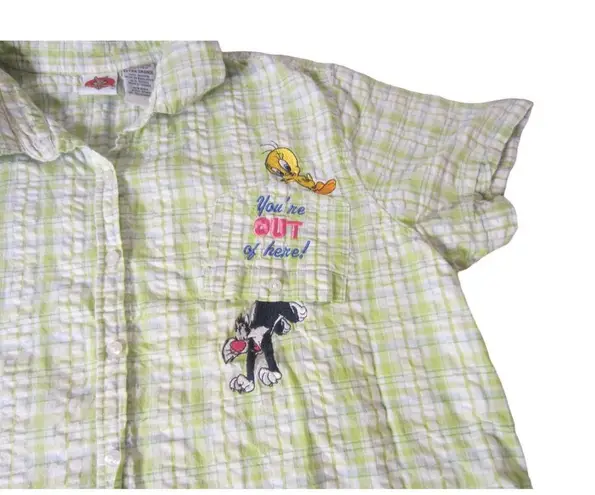 Looney Tunes Vintage  Tweety Bird Embroidered Green and White 90s Plaid Shirt XL