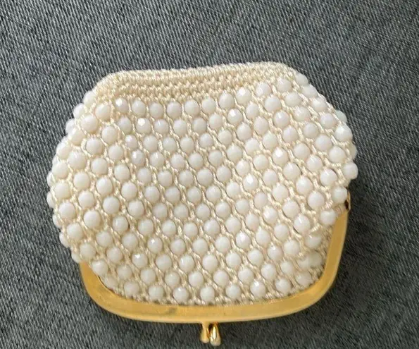 Vintage White and Gold Crochet Beaded Change Purse Bag