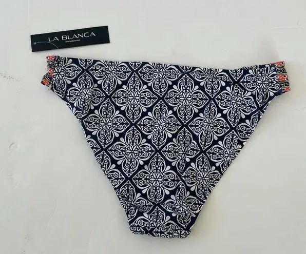 La Blanca dark navy blue mandala shirred side bikini bottoms 14 NWT