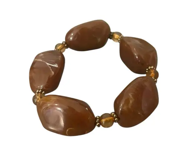 Vintage Estate Retro 80s Chunky Amber Brown Marbled Beaded Stretch Bracelet OSFM