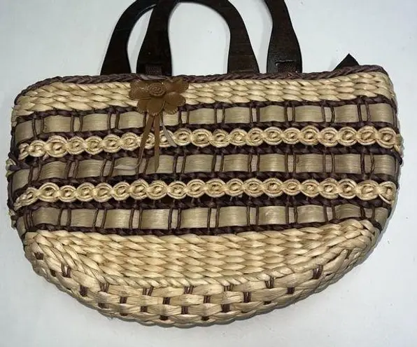 Vintage Straw Purse Clutch Handbag Wood Handles Brown Beige Lined Boho