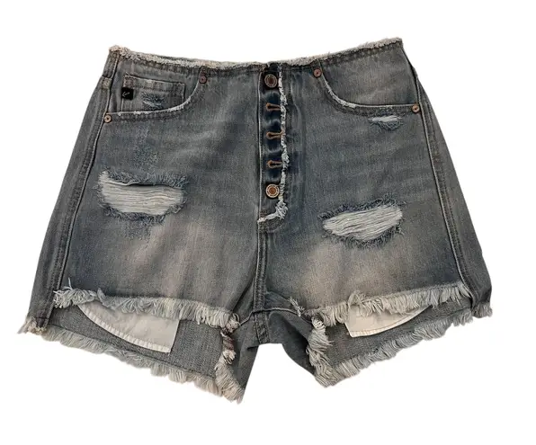 Kancan Distressed Denim Shorts Frayed Hem High Rise Button Fly Size S NWT Blue
