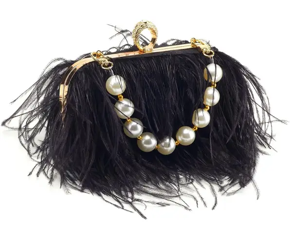 Black Ostrich Feather Bag with Pearl Strap and Crossbody Chain NWOT