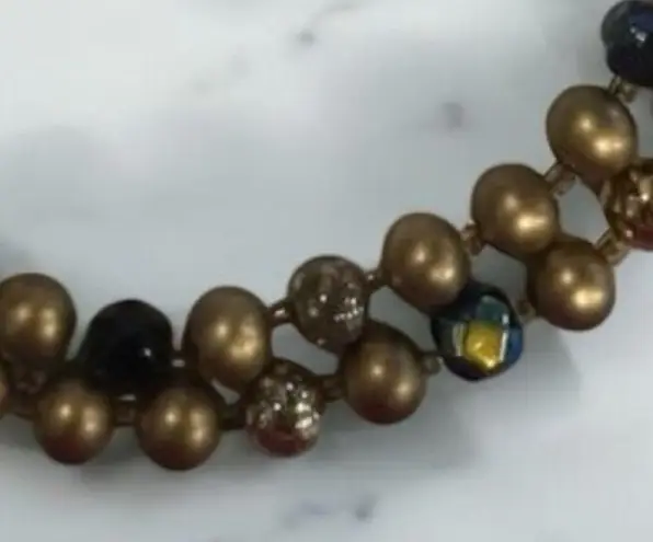 Vintage 3 Strand Gold Tone Beaded Choker Necklace Blue Beads