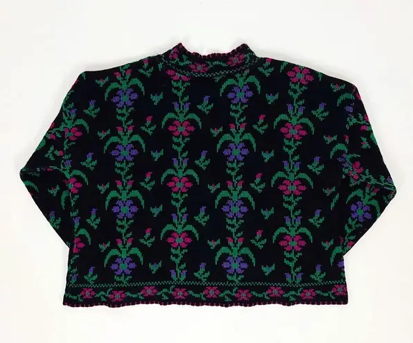 Vintage Instarsia Botanical Knit Mockneck Sweater | Size L Black Size L