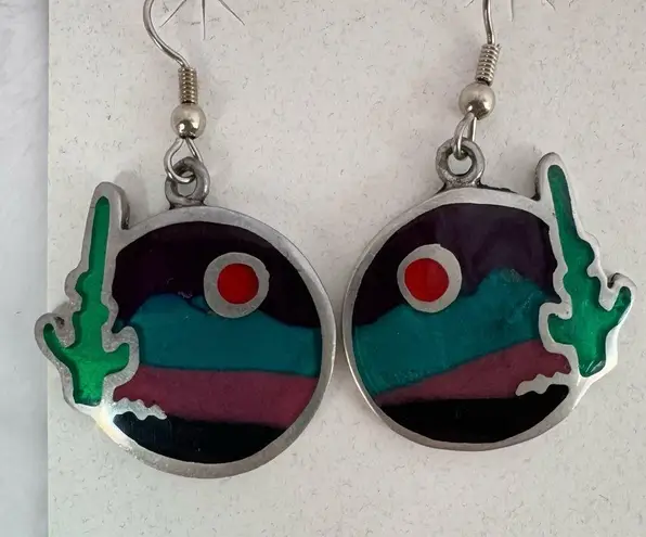 Ninibah Sterling Silver Resin Desert Scene Cactus Dangle Earrings and Pin Brooch