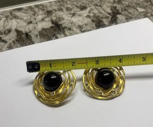 Pretty Gold Tone Black / Rhinestone Large Oversized Statement Clip On Earrings