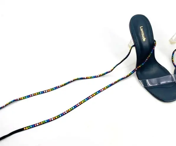 Larroude Disco Gloria NEW Mermaidcore Fairy Whimsy Ankle Wrap Heel Open Toe 37.5 Black Size 7