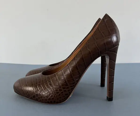 Ralph Lauren Purple Label Darlene Embossed Calfskin Brown Leather Pumps Size 9
