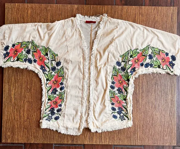 SIGNATURE8 Ecru Tassel Trim Open Front Short Kimono Top Embroidered Flowers S Red
