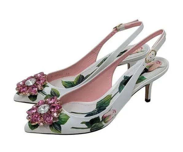 Dolce & Gabbana Jeweled Bellucci Floral Print Slingback Heels White and Pink 35