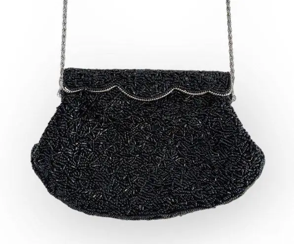 La Regale Scalloped Black Beaded Ornate Evening Clutch Purse, Crossbody Chain