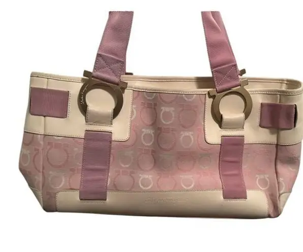 Salvatore Ferragamo Ferragamo White Leather & Pink Gancini Satchel, Vintage
