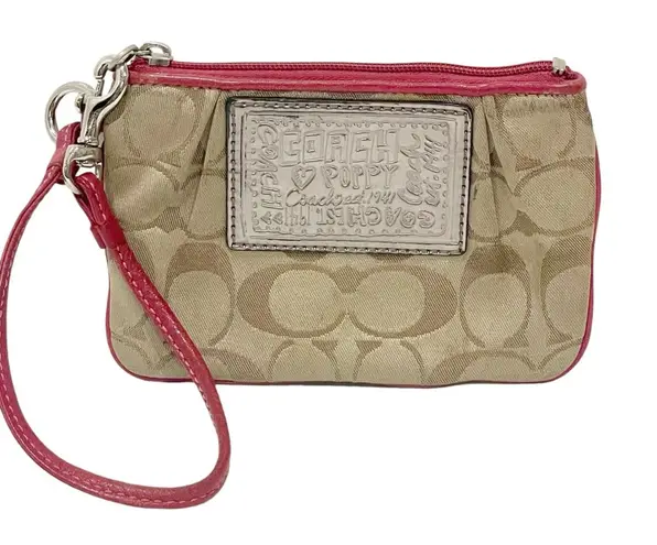 Coach  Poppy Jacquard Monogram Signature Small Wristlet Beige Pink Zip Pouch Bag