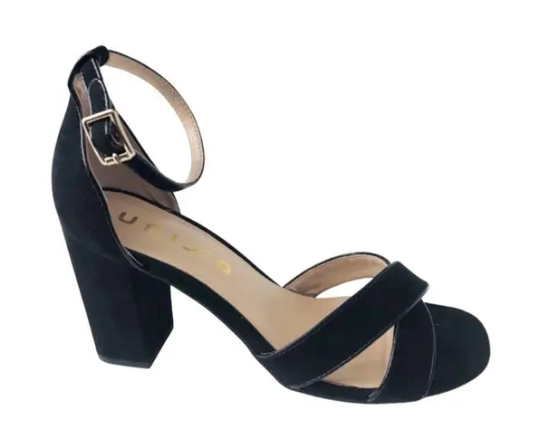 Unisa  Sandals Rexxa Black Suede Ankle Strap Block Heel Size 8.5M