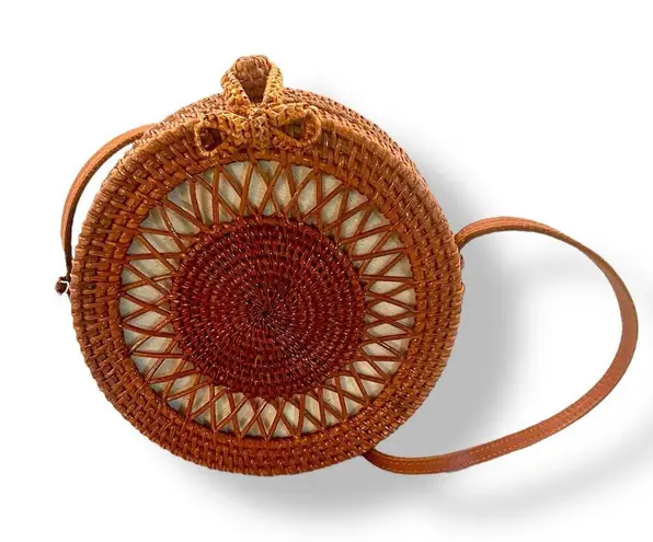 Round Rattan Straw Bag Wicker Purse Boho Bag for Women Cross Body Cottagecore Brown