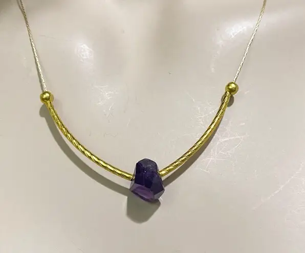Amethyst Natural Raw Pendant Magnetic Clasp Gold-tone Skinny Chain Necklace